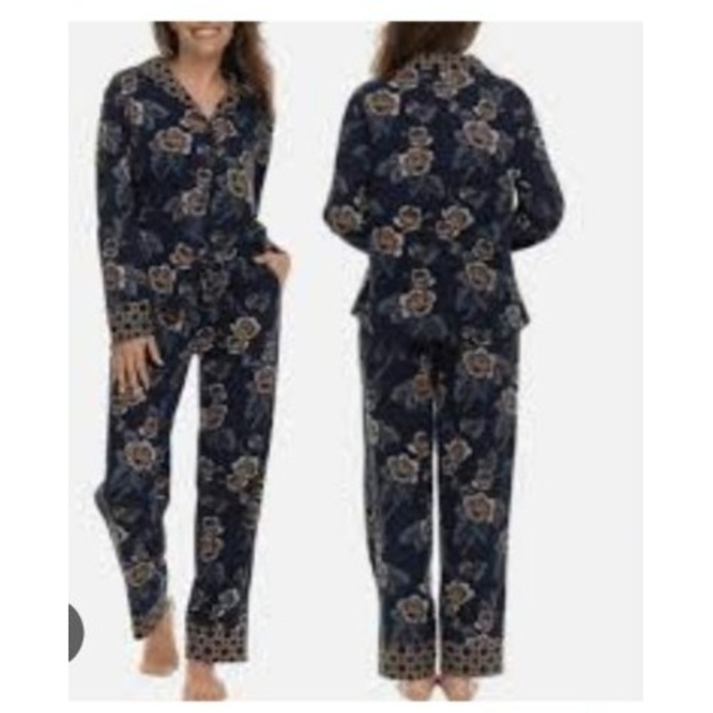 Vera Bradley Sleep PJ set Women SZ M blue Floral Button Down Shirt/Pants Set